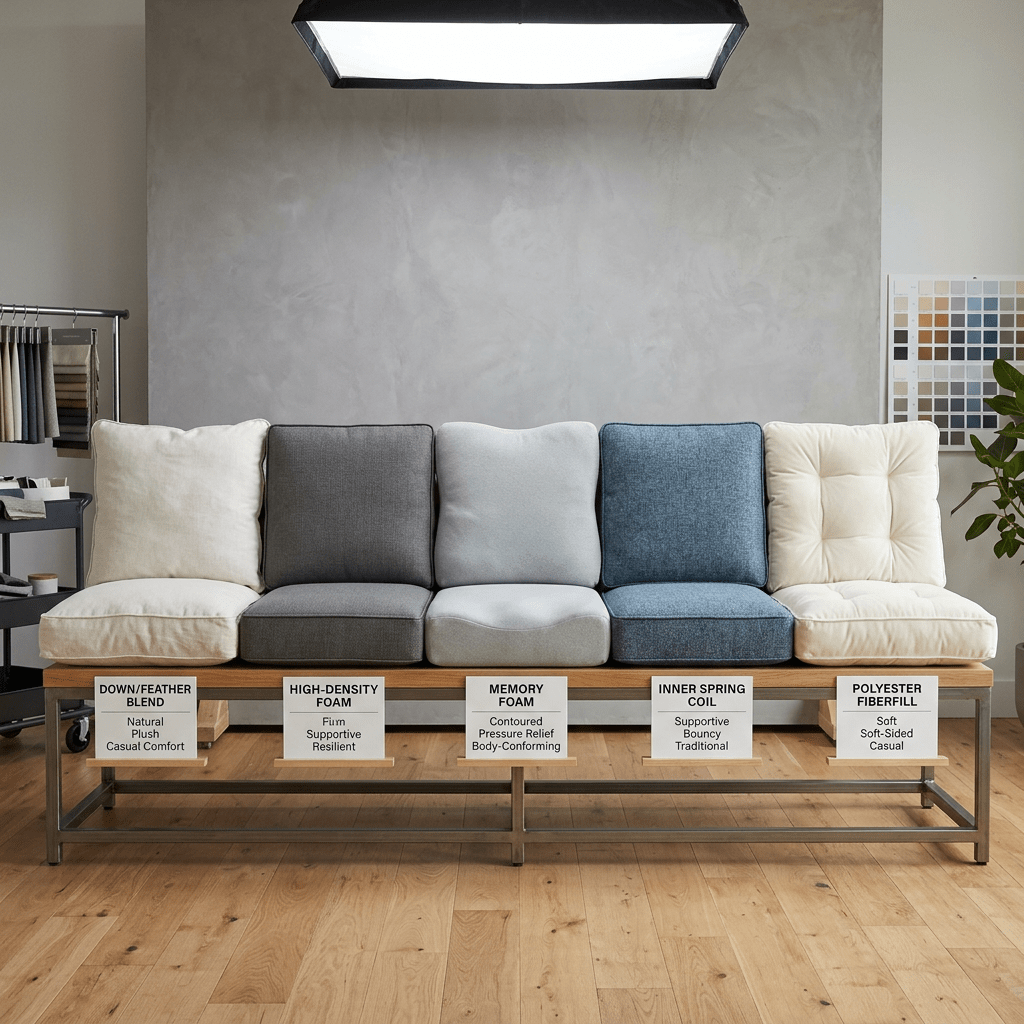 Five cushions on a bench labeled Down/Feather blend, High-density foam, Memory foam, Inner spring coil, and Polyester fiberfill