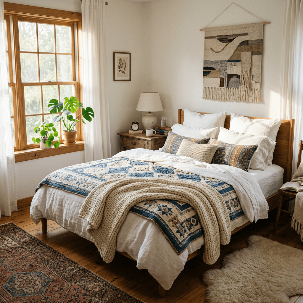 Bedroom with wooden bed, patterned bedspread, pillows, nightstand with lamp and clock, indoor plants by window
