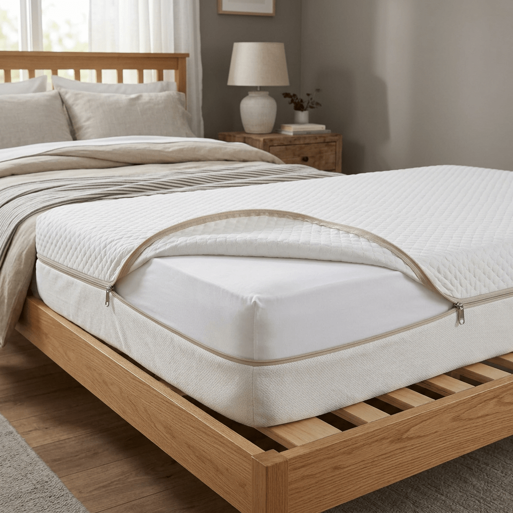 Quilted white mattress protector partially unzipped over mattress on wooden bed frame