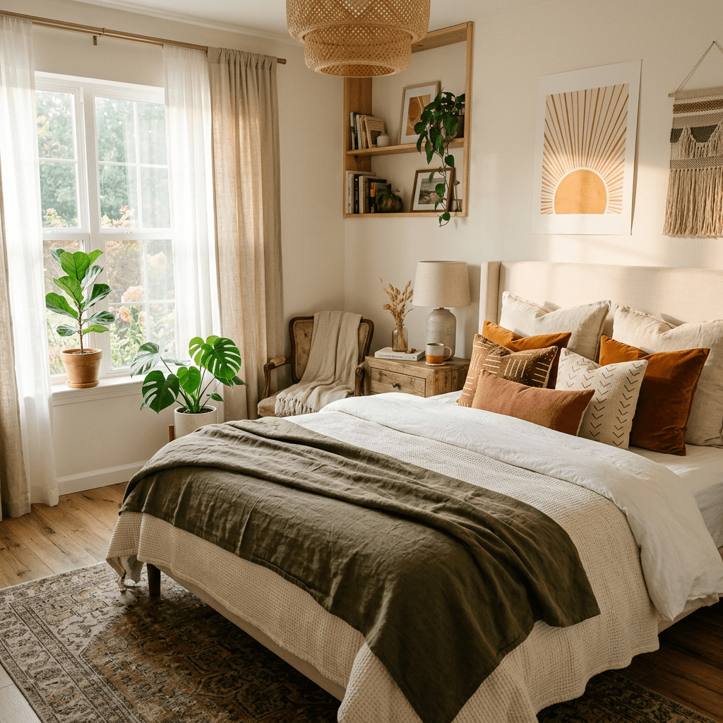 Cozy bedroom with a bed dressed in white and green linens and orange pillows