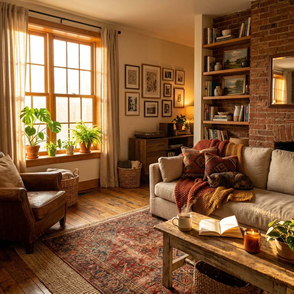 Rustic living room with beige sofa, plants on window, wooden coffee table, and cat resting.