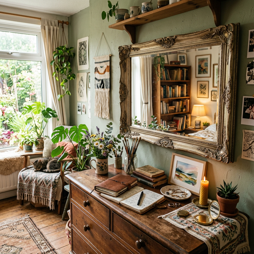 Cozy room with wooden dresser, plants, candle, mirror, and a cat sleeping on a chair by the window