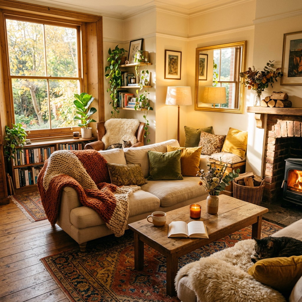 Cozy living room with sofa, knitted blanket, wooden coffee table, fireplace, plants, and a cat resting