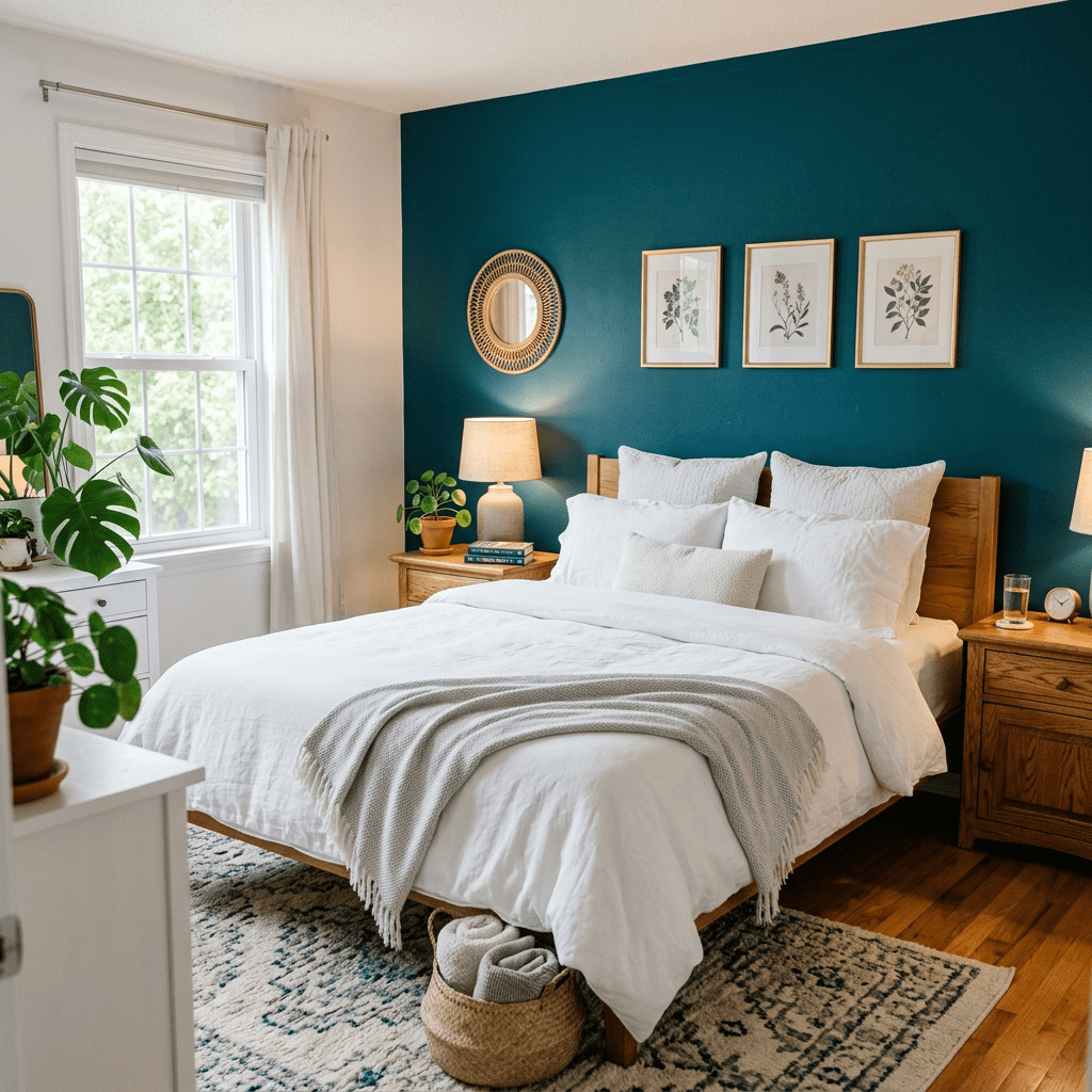 Bedroom with wooden bed, white bedding, teal accent wall, plants, and nightstands