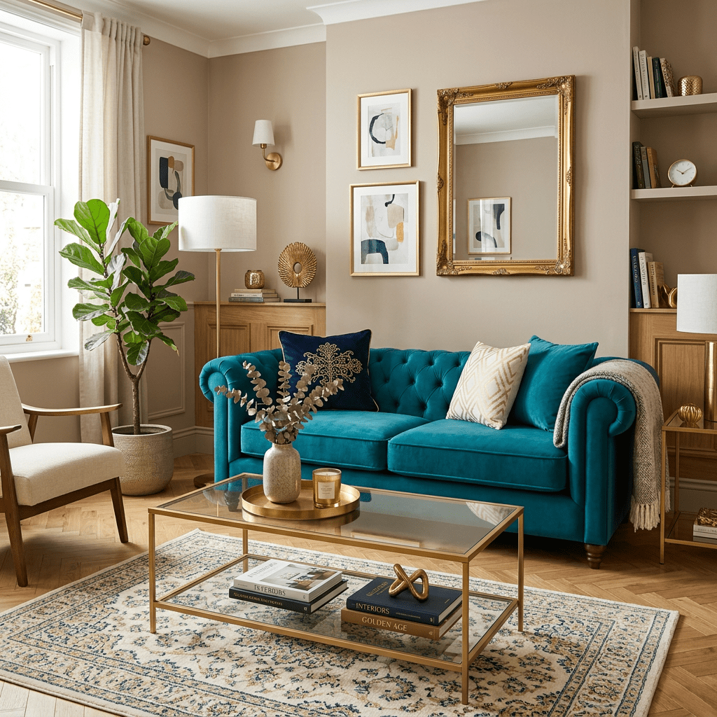 Teal velvet sofa with decorative pillows in beige and navy blue in a cozy living room