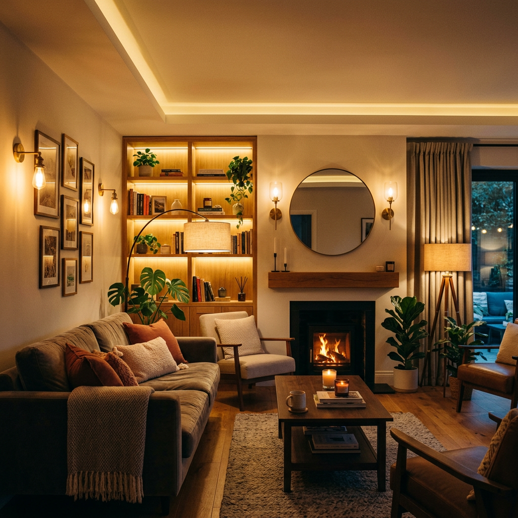 Living room with fireplace, sofa, armchairs, coffee table with candles, bookshelves with plants and warm ambient lighting
