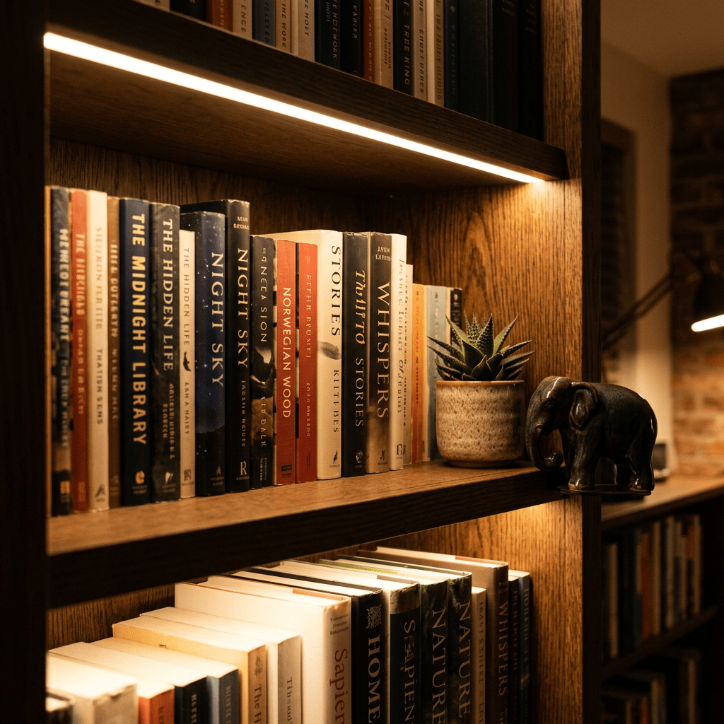 Wooden bookshelf with books, a small potted succulent, and an elephant figurine under warm light