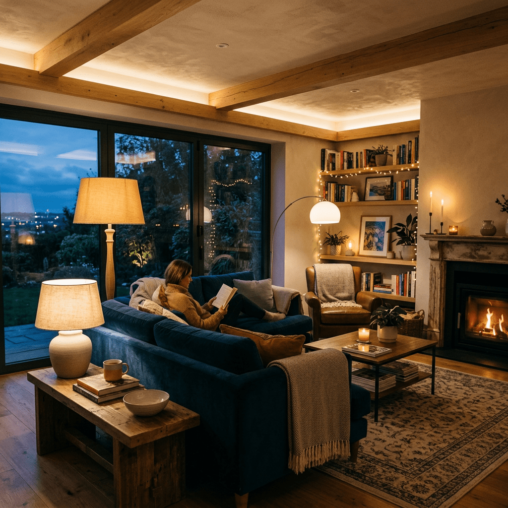 Person reading a book on a blue sofa in a warmly lit living room with a fireplace
