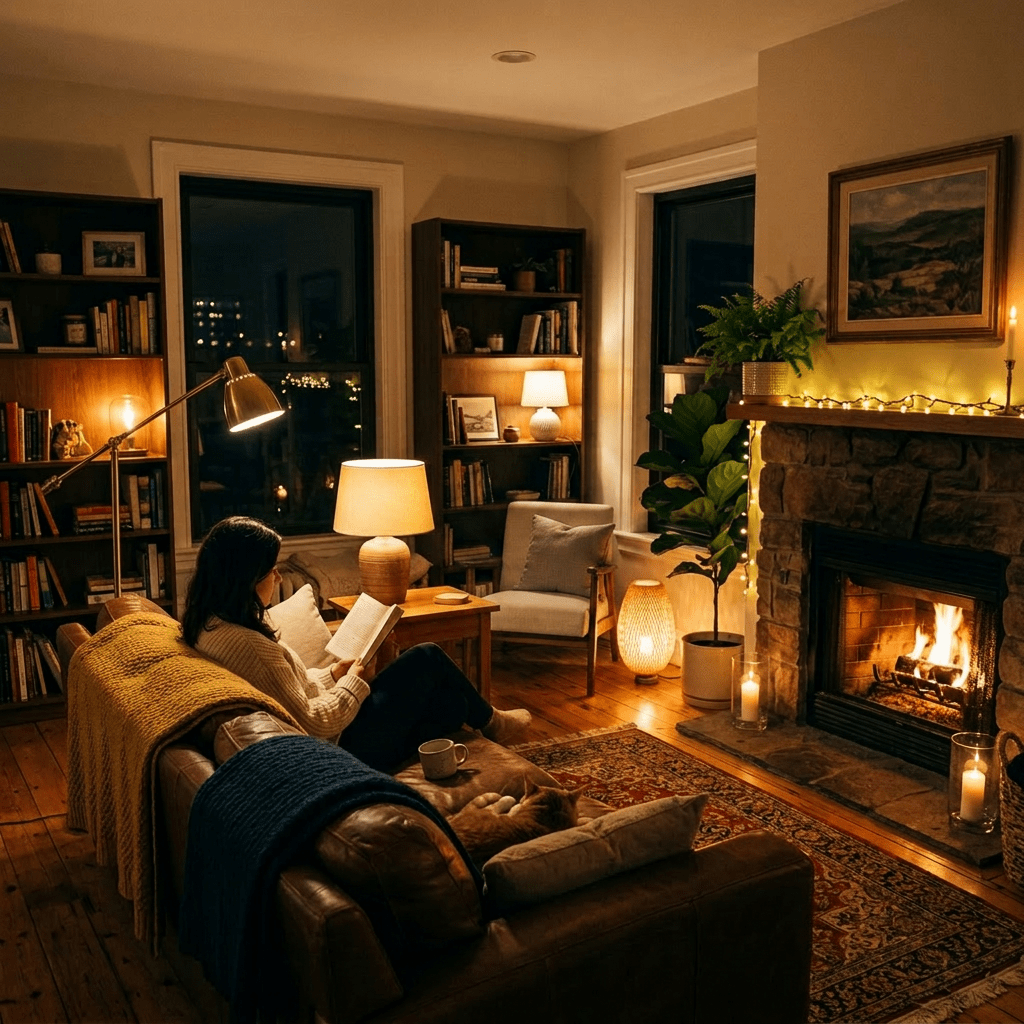 Two people in a warm living room with a fireplace, bookshelves, and soft lighting