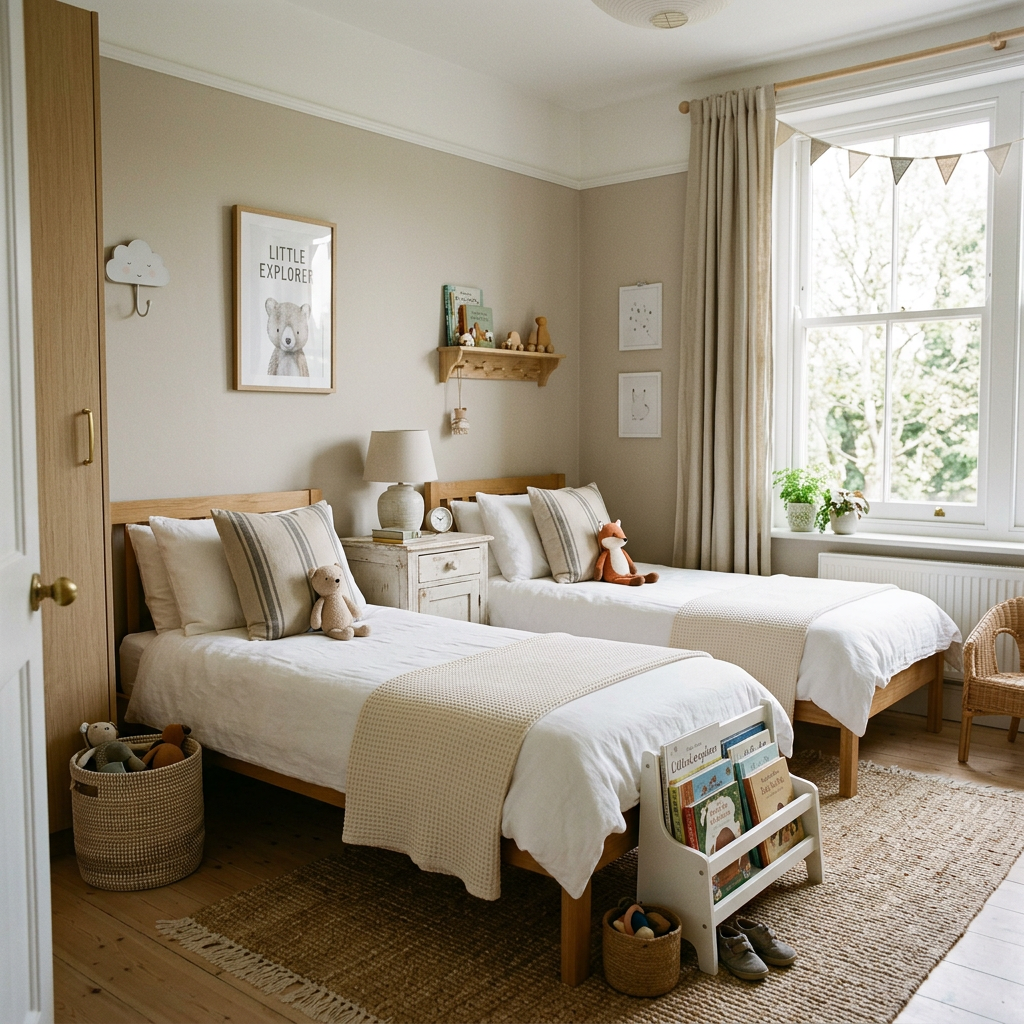 Children's bedroom with two twin beds, soft toys, books, and neutral decor