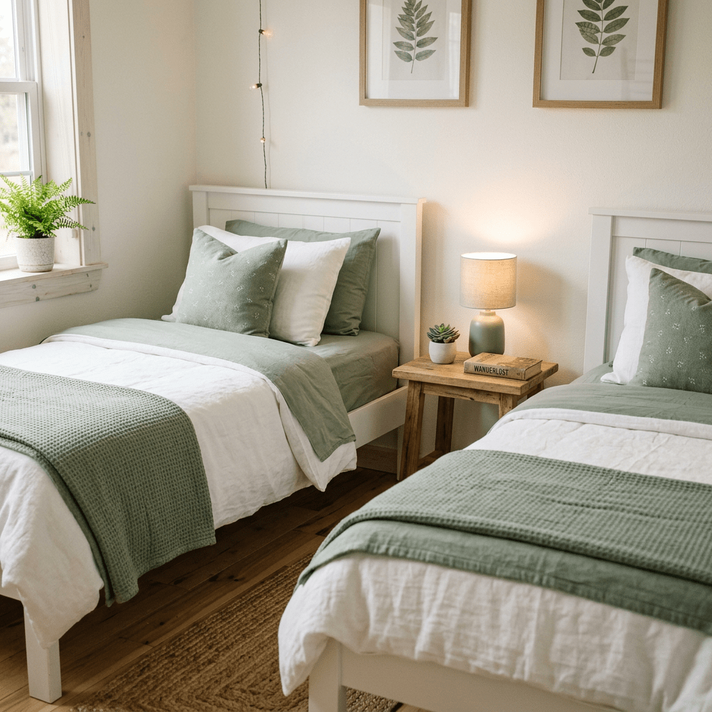 Twin beds with green and white bedding, botanical wall art, bedside lamp, and plants