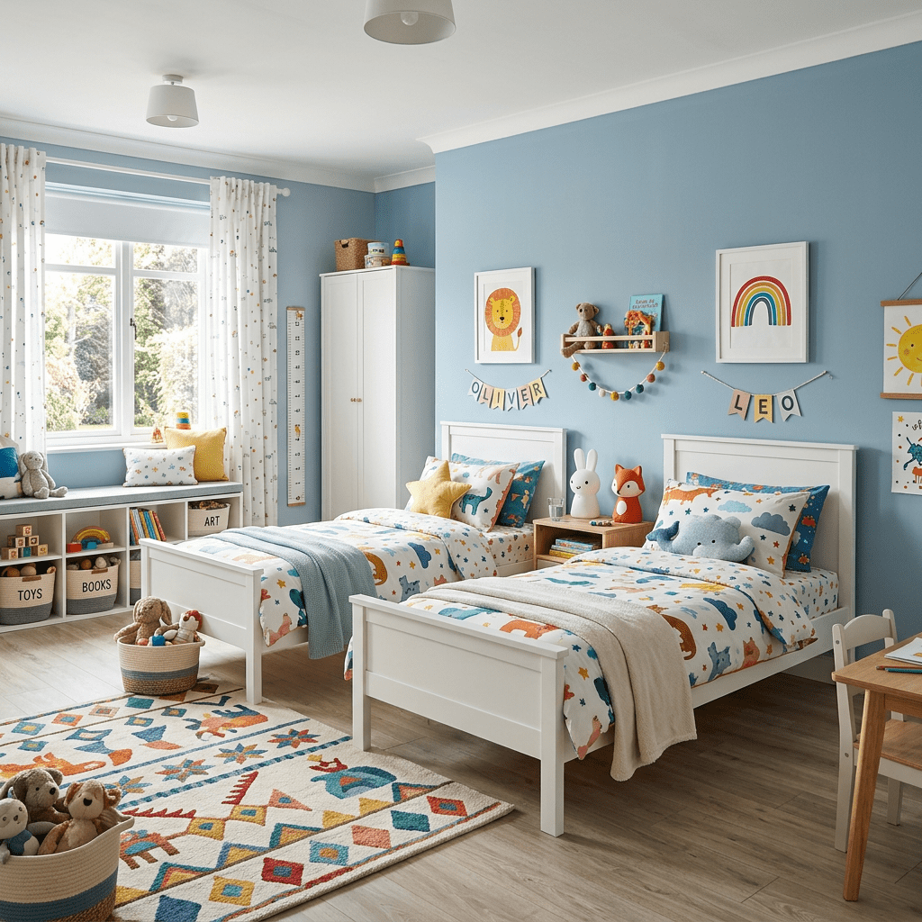 Shared kids bedroom with two white beds, animal-themed bedding, and blue walls with colorful decorations