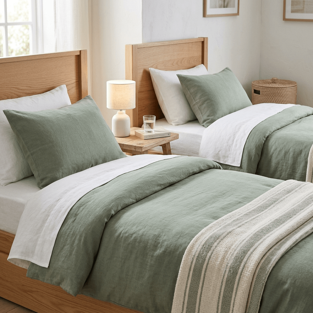 Two twin beds with sage green covers, white sheets, and a wooden nightstand with a lamp and book