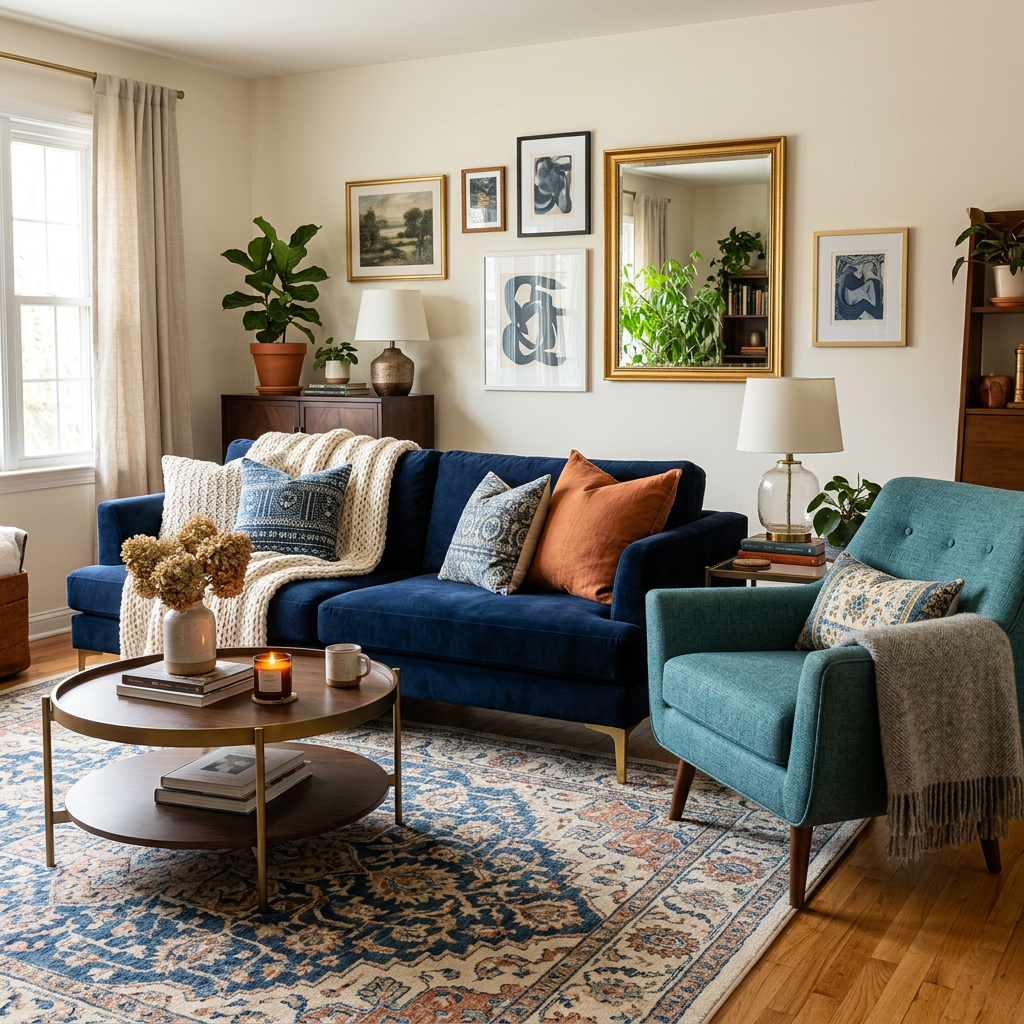 Cozy living room with navy sofa, teal armchair, coffee table, plants, and framed artwork