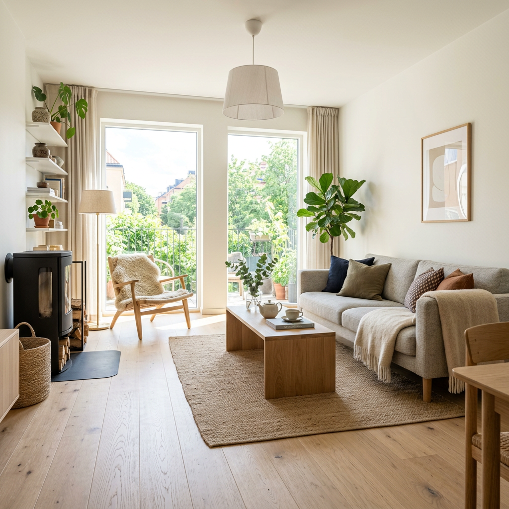 Modern living room with beige sofa, wooden chair, coffee table, and plants