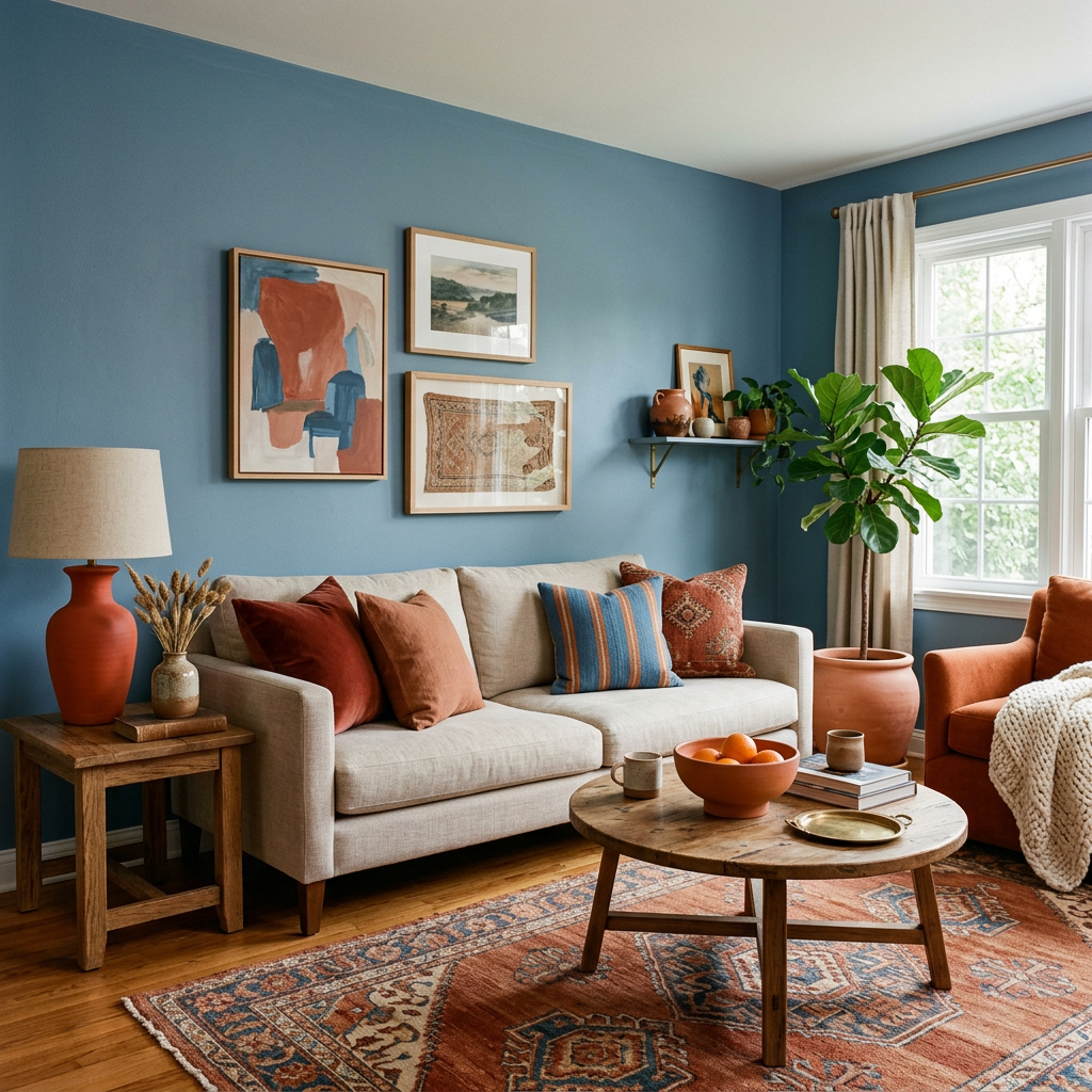 Living room with beige sofa, rust-colored pillows and armchair, wooden coffee table, potted plant, and framed art on blue wall