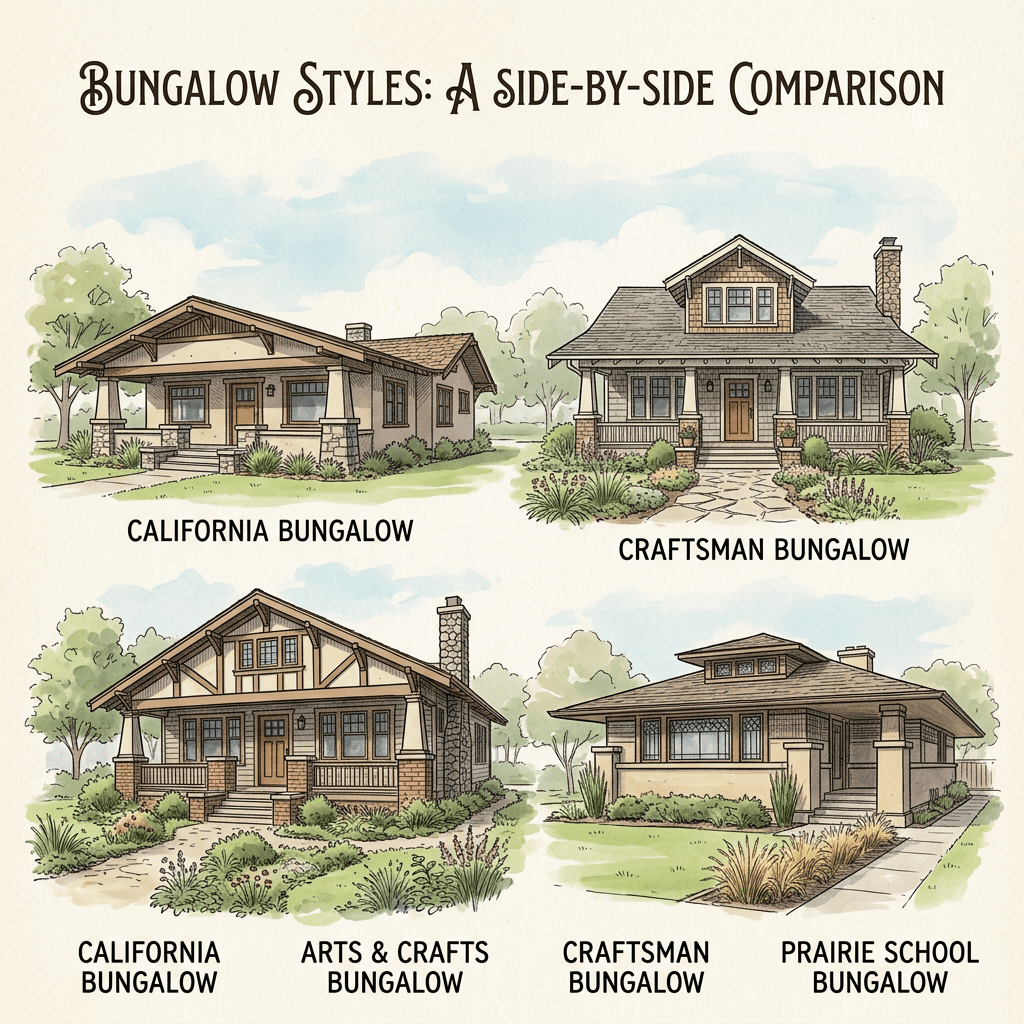 Four illustrated bungalow styles: California bungalow, craftsman bungalow, arts and crafts bungalow, prairie school bungalow