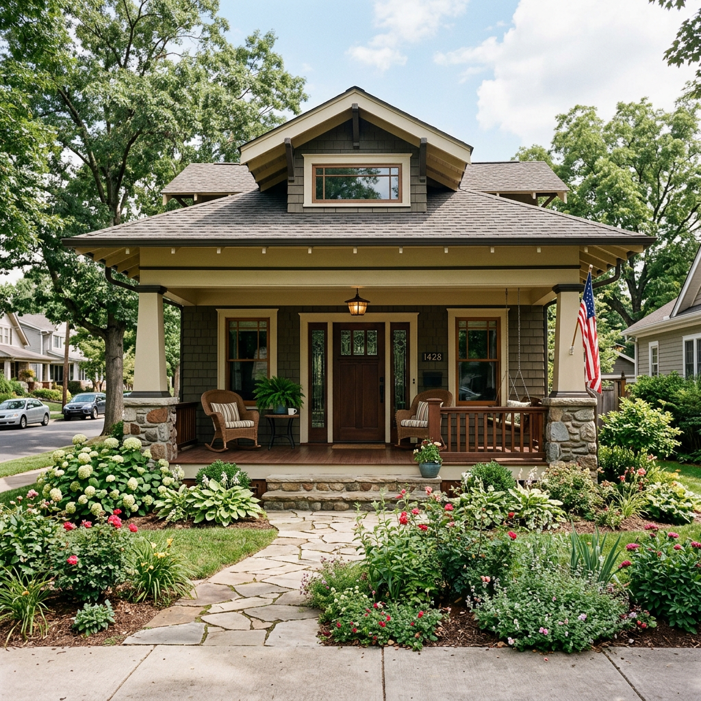 Craftsman-style house with front porch, garden, and American flag