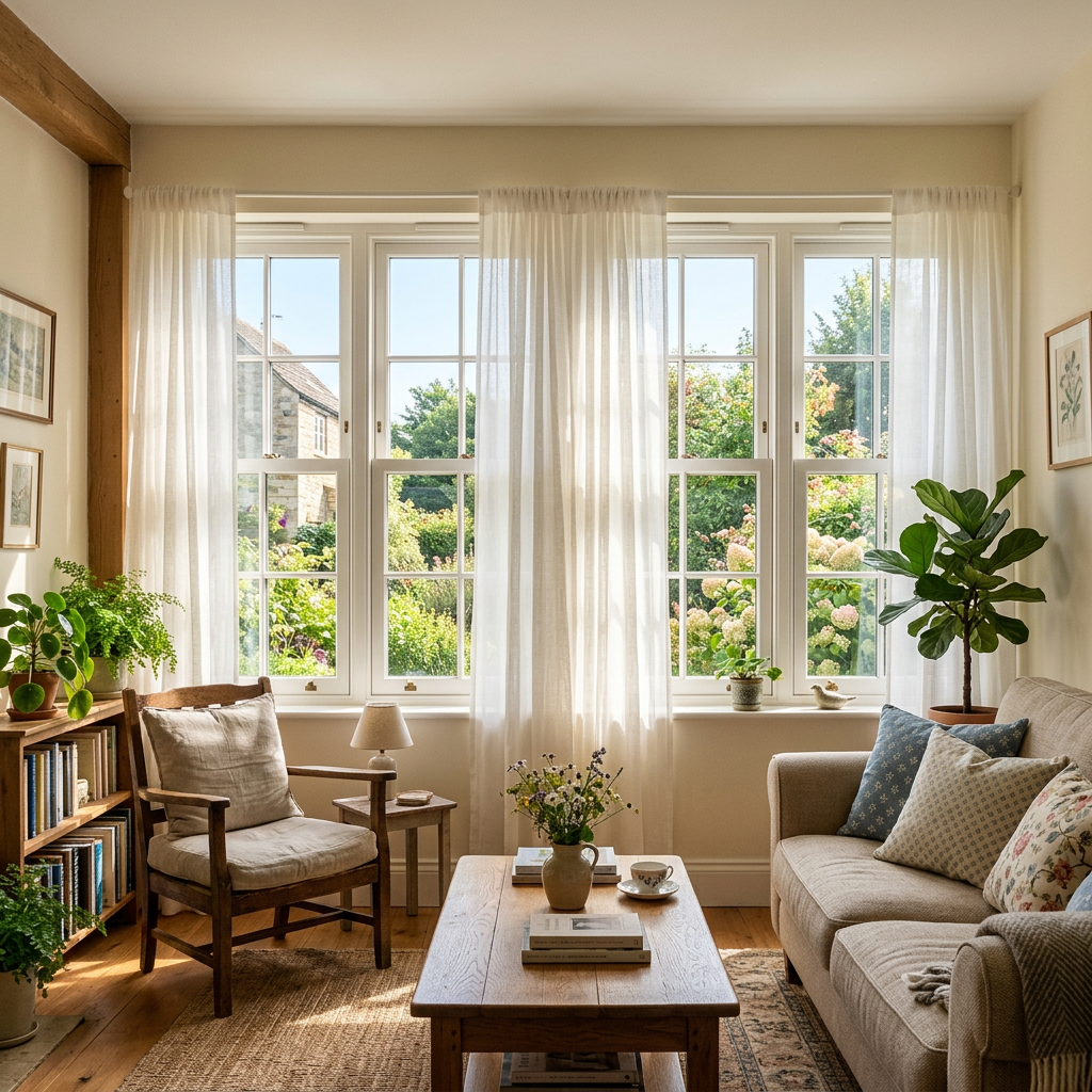 Living room with wooden chair, beige sofa, coffee table, plants, and large windows showing a garden outside