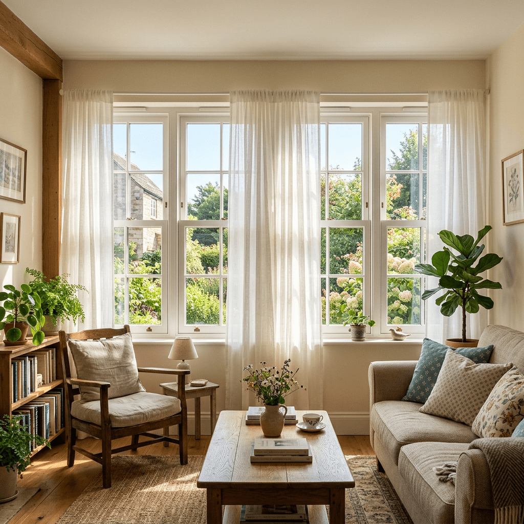 Living room with wooden chair, beige sofa, coffee table, plants, and large windows showing a garden outside