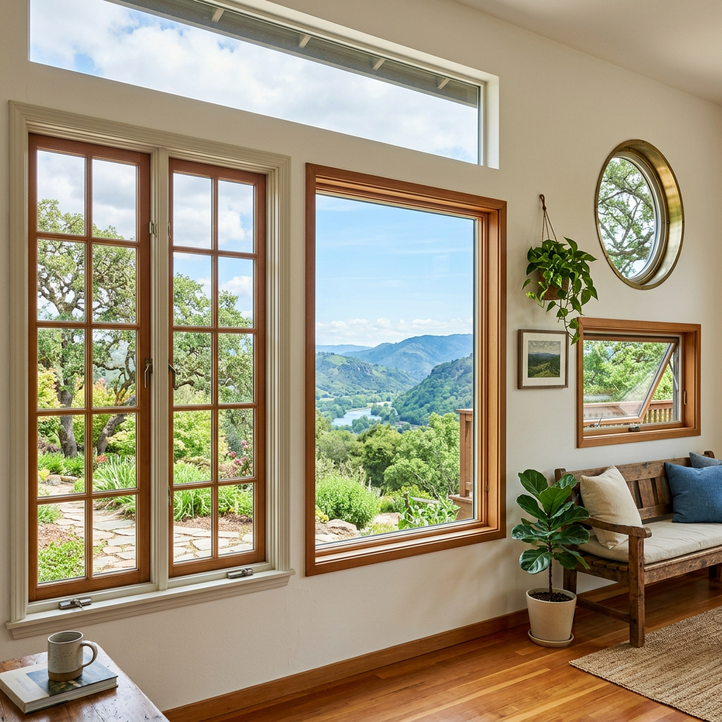 Living room with wooden framed windows showing green mountains and river outside