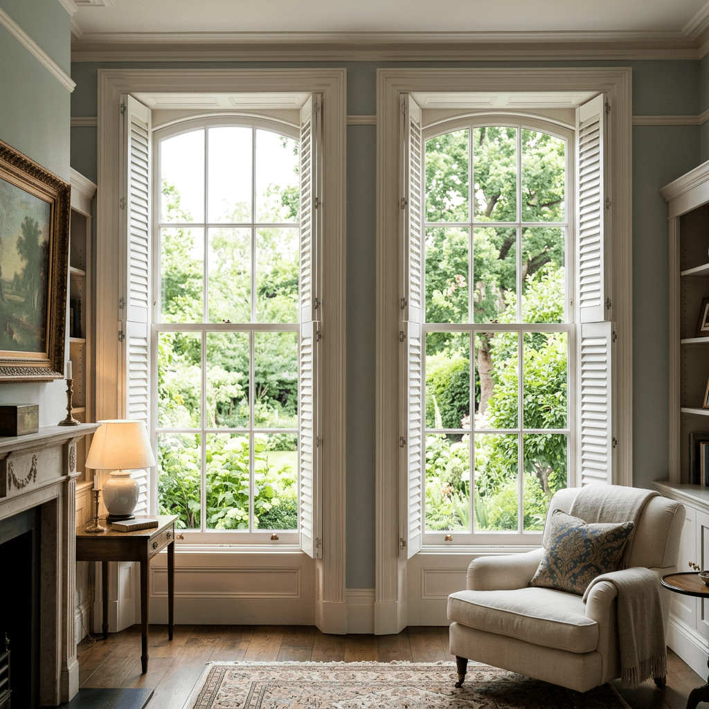 Living room with armchair, side table with lamp, large shuttered windows showing a green garden