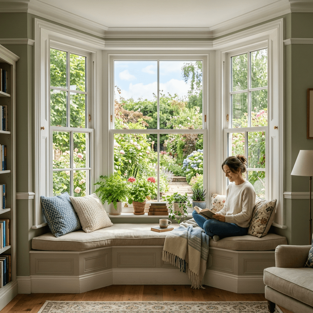 Woman reading book on cushioned bay window seat with plants and pillows