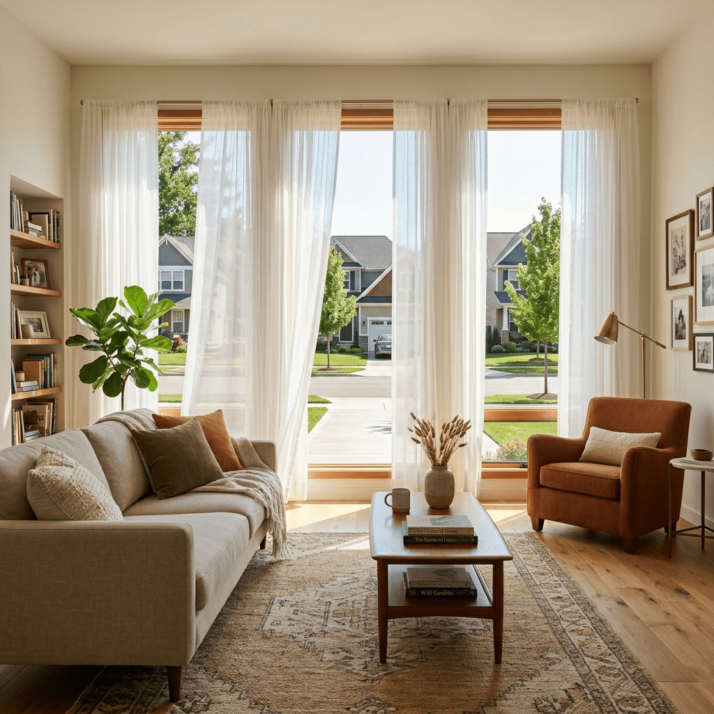 Living room with beige sofa, rust armchair, wooden coffee table, and large windows with sheer curtains overlooking a garden