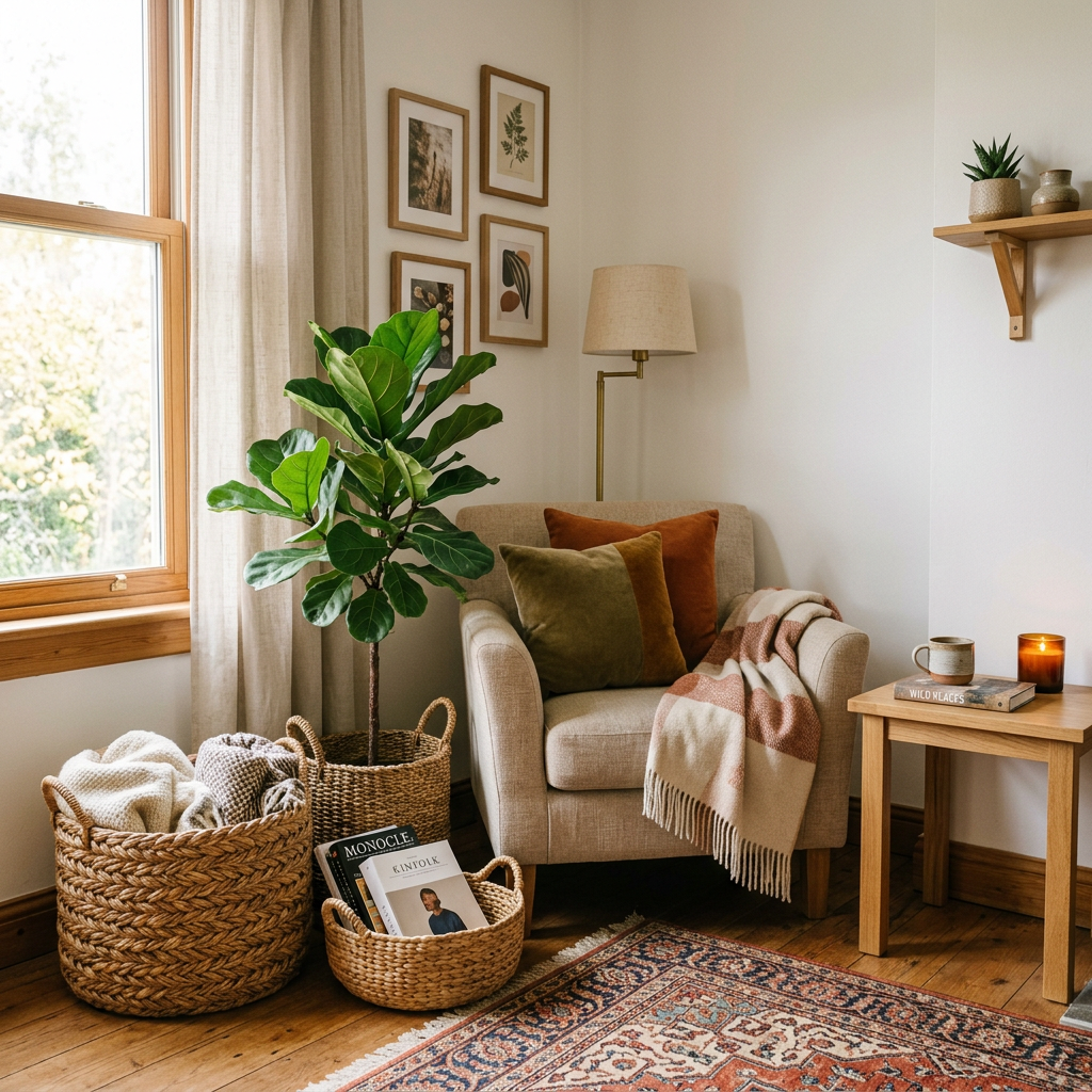 Armchair with pillows and a blanket next to woven baskets, plants, and a small wooden table with a candle