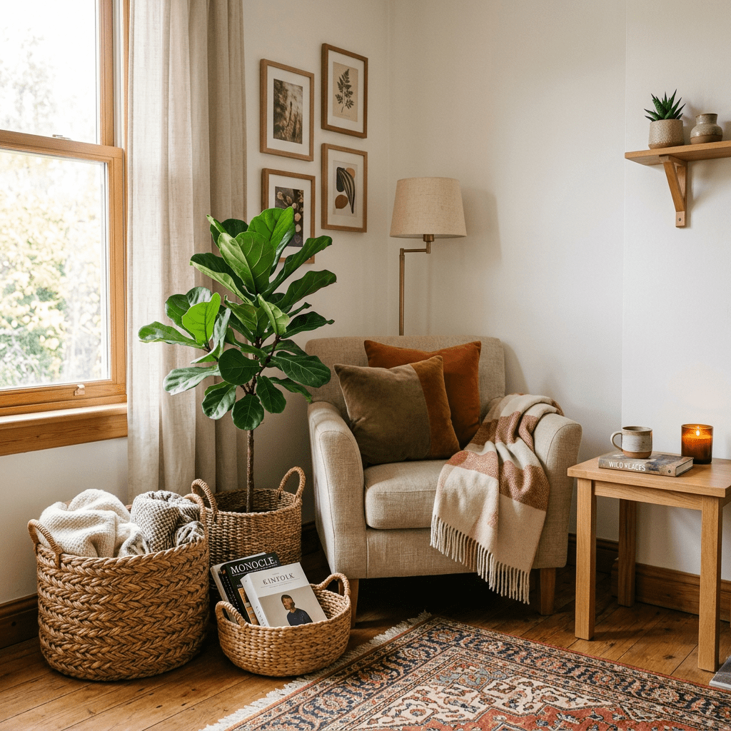 Armchair with pillows and a blanket next to woven baskets, plants, and a small wooden table with a candle