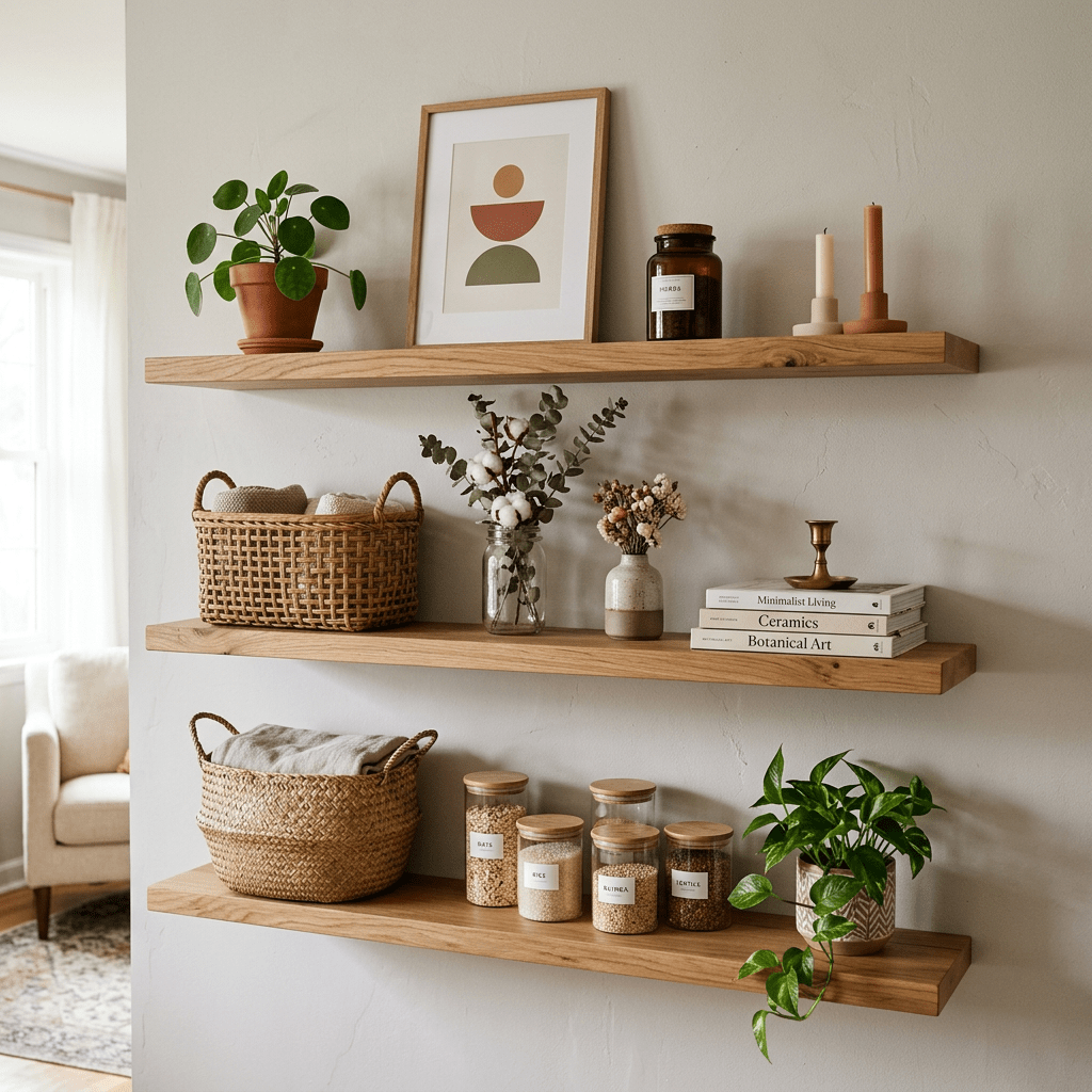 Three wooden floating shelves with plants, baskets, jars, books, and candles