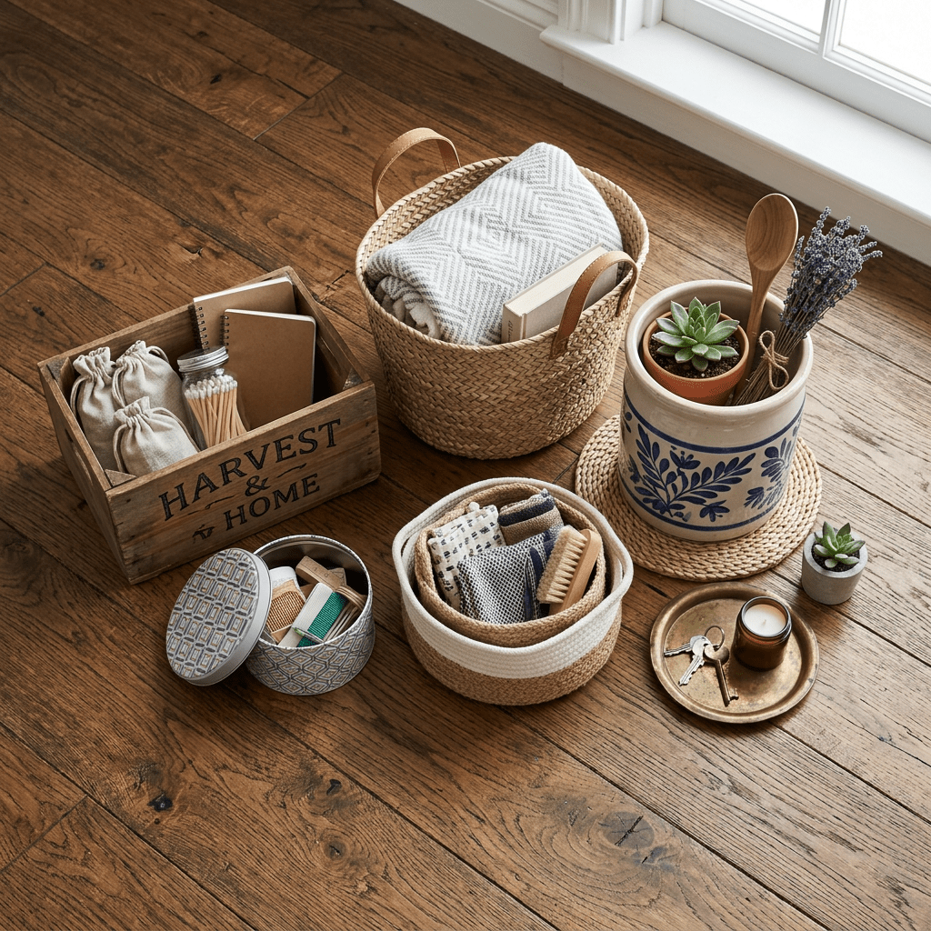Woven baskets and containers with household items on wooden floor near window
