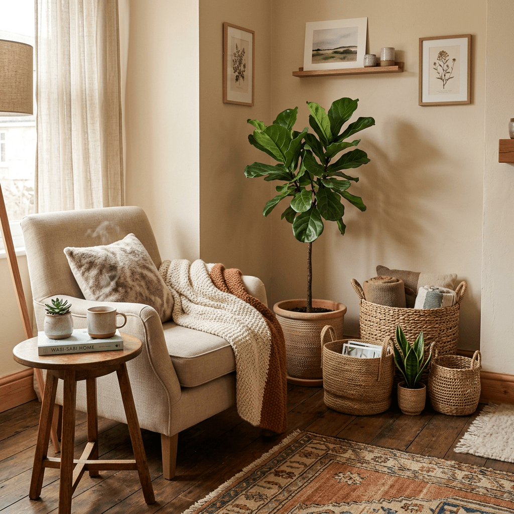Armchair with blanket and pillow next to a small wooden table holding a cup and a plant, surrounded by potted plants and wicker baskets