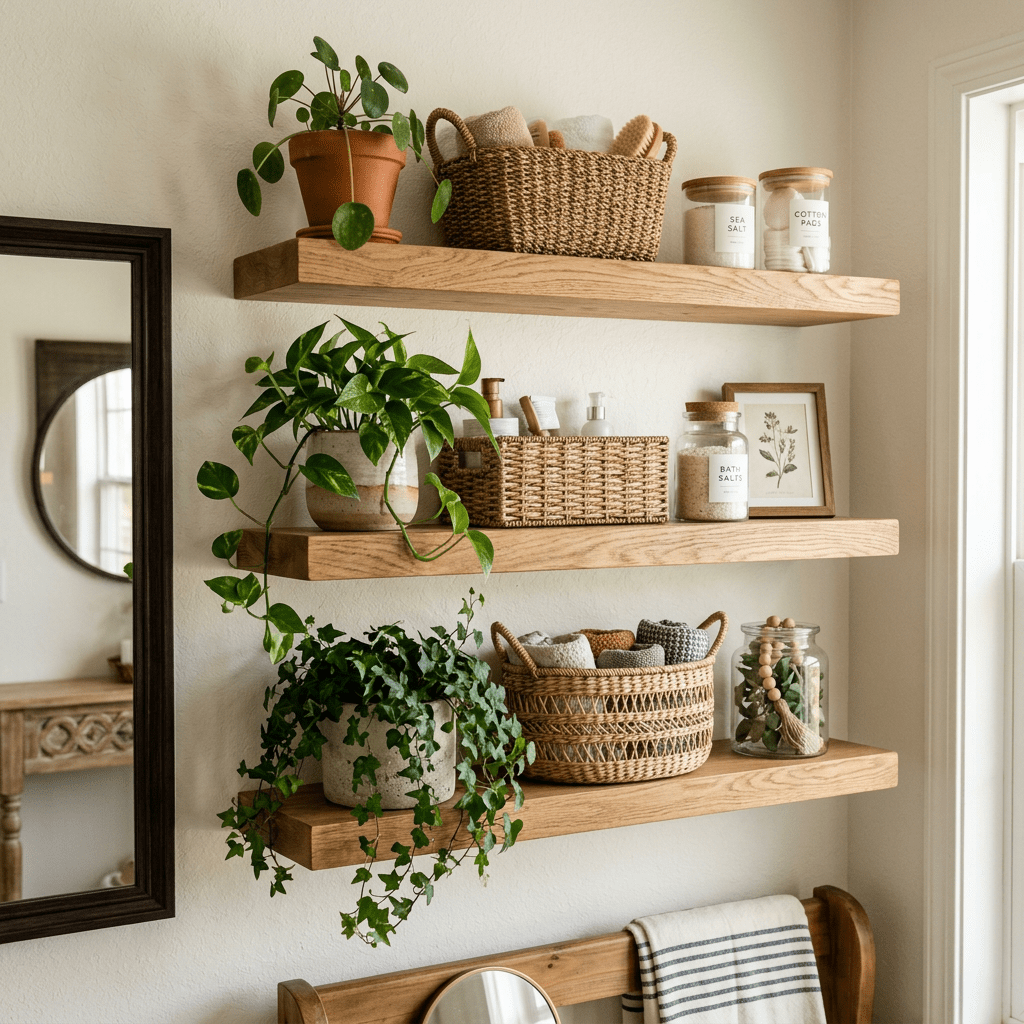 Wooden floating shelves with plants, woven baskets, jars labeled sea salt and cotton pads, and bathroom decor