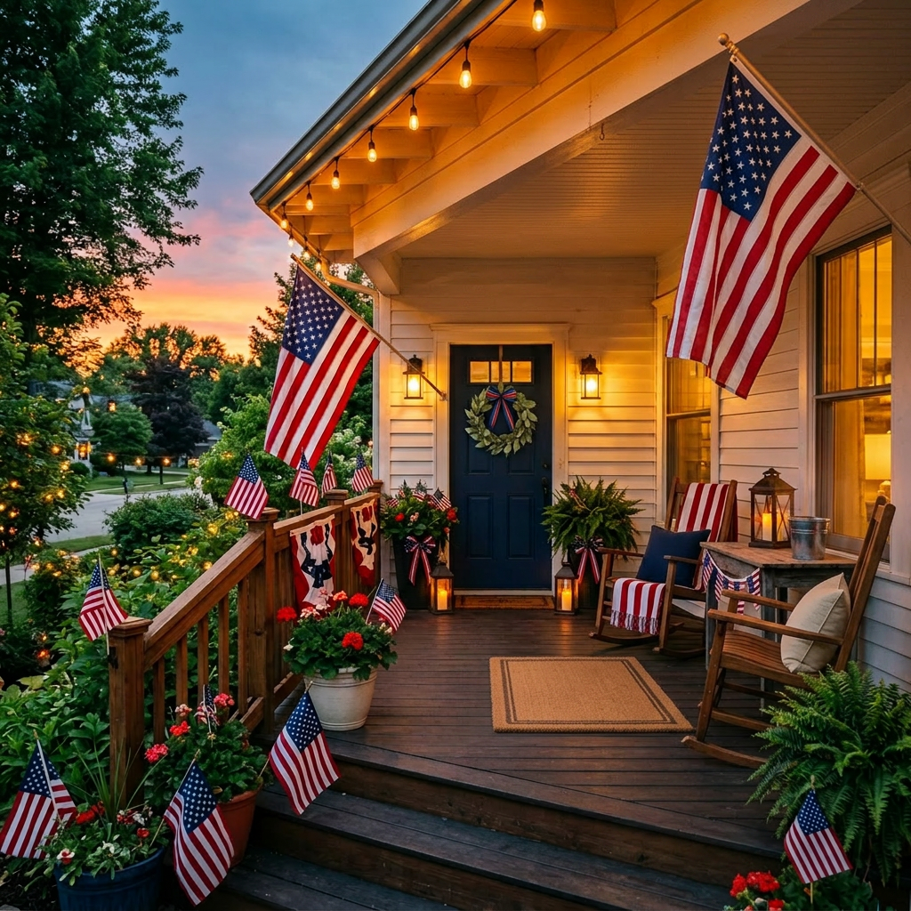Porch decorated with American flags, patriotic banners, and red, white, and blue accents