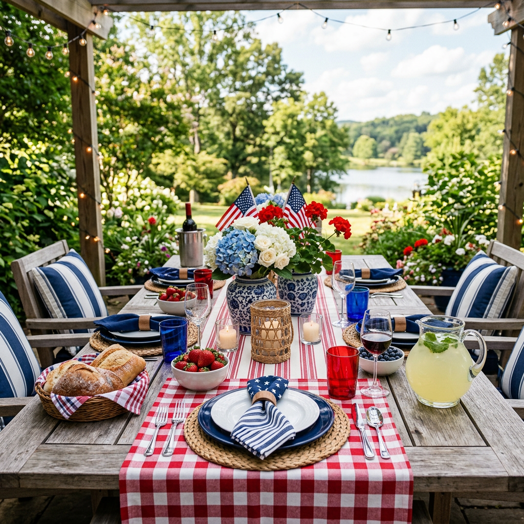 Outdoor wooden dining table set with red, white, and blue decor, fresh flowers, fruit bowls, and beverages under string lights.