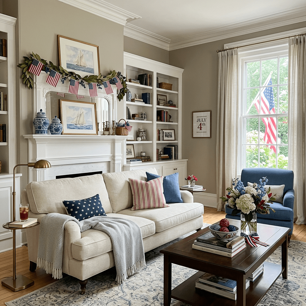 Living room with beige sofa, blue armchair, patriotic pillows, American flag decorations, and summer floral arrangements