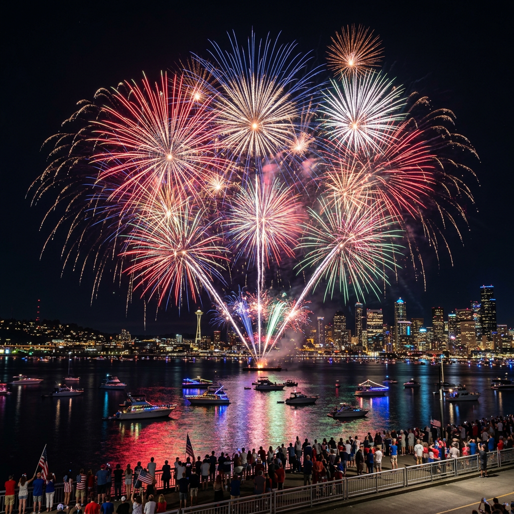 Colorful fireworks exploding over a city skyline with boats on water and people watching from a waterfront