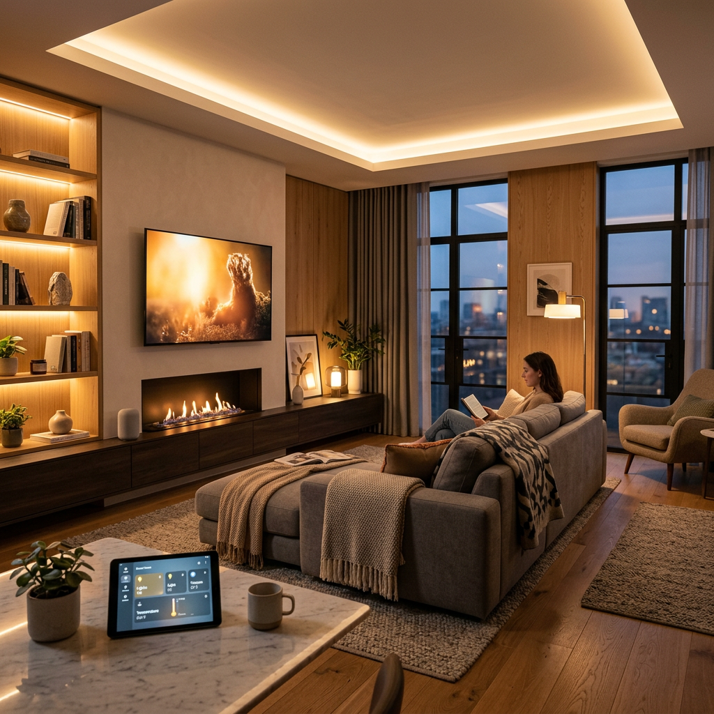 Modern living room with woman reading on sofa, fireplace lit, smart home tablet on table