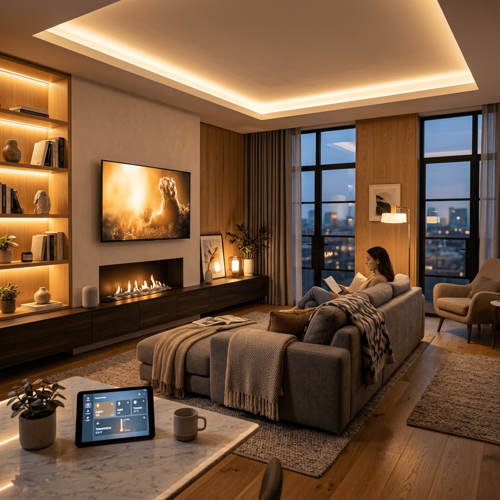 Modern living room with woman reading on sofa, fireplace lit, smart home tablet on table
