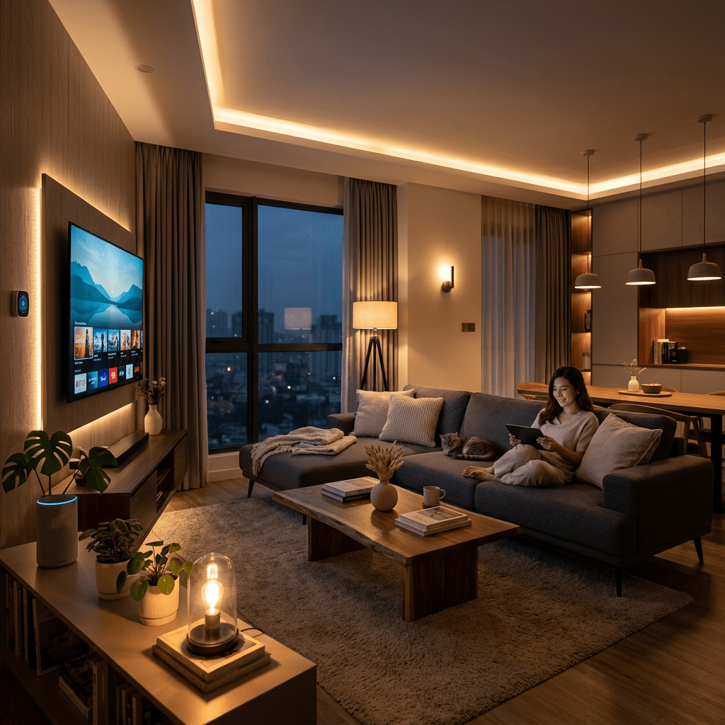 Woman sitting on sofa using tablet in modern living room with warm lighting