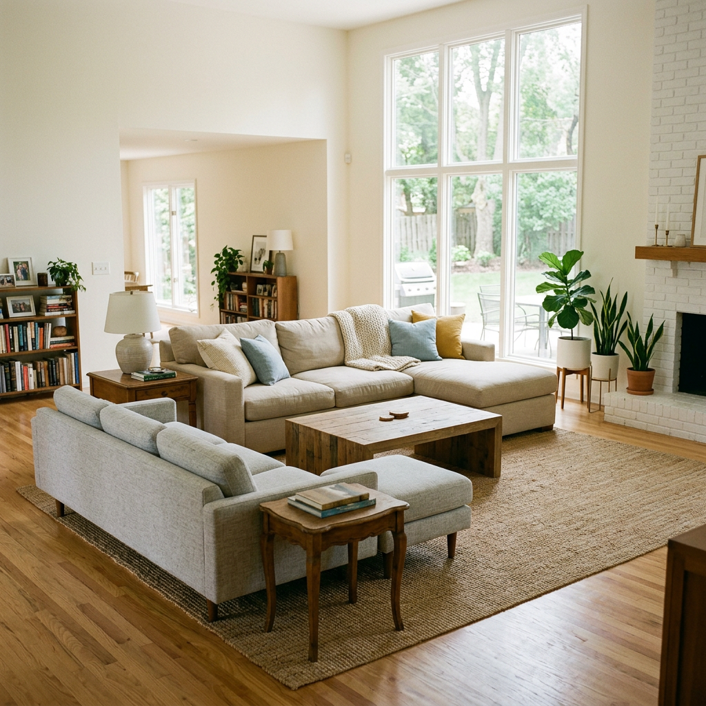 Living room with beige sectional sofa, blue and yellow pillows, wooden coffee table, large windows, plants, and fireplace