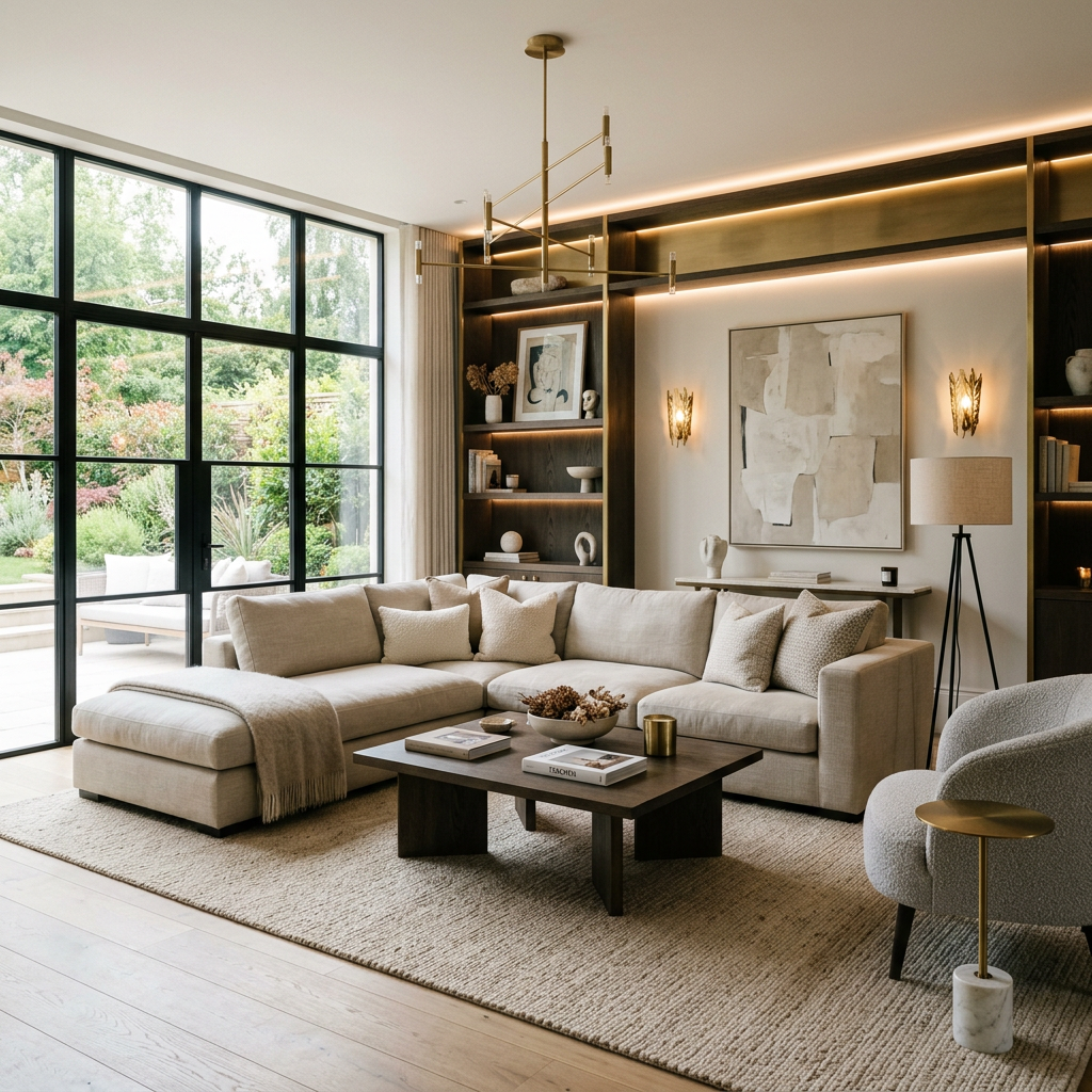 Living room with beige sectional sofa, abstract artwork, and large black-framed windows showing green garden