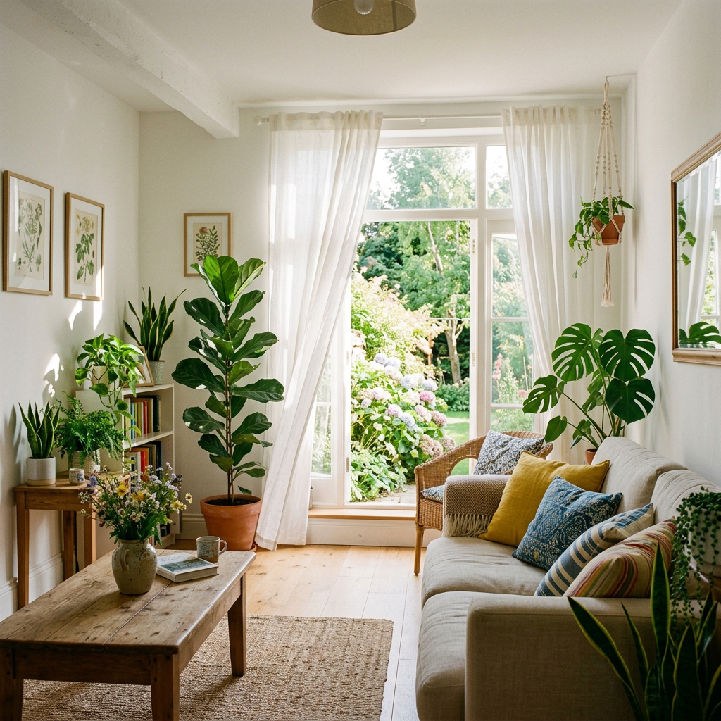 Bright living room with large window, plants, sofa, and wooden coffee table