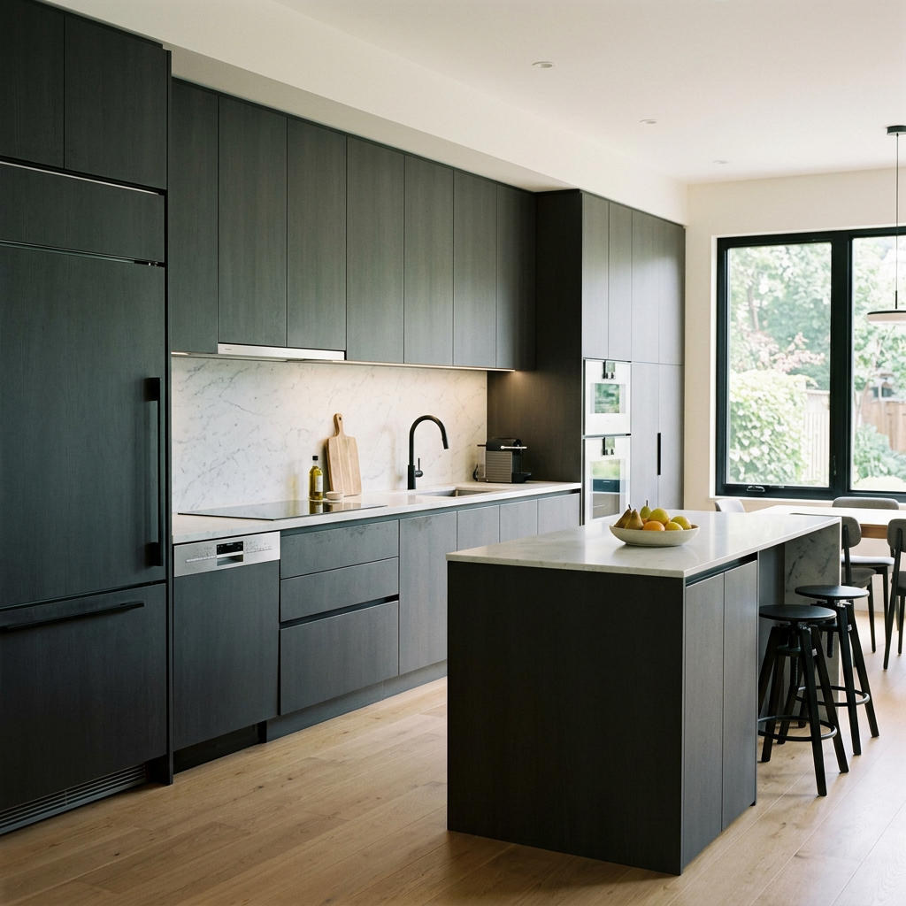 Modern kitchen with dark grey cabinets, marble backsplash, kitchen island, and large window.