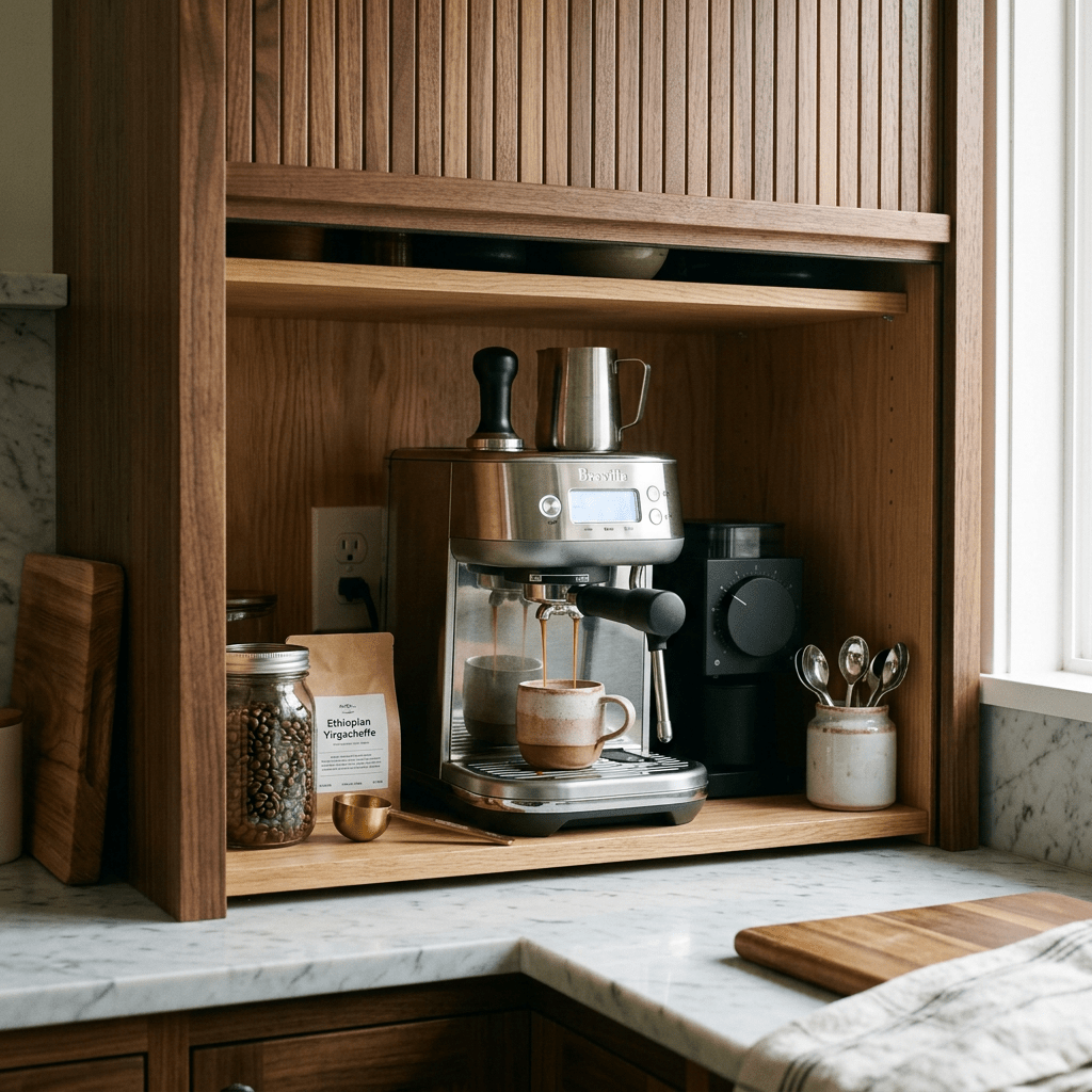Stainless steel espresso machine brewing coffee with coffee beans and accessories nearby
