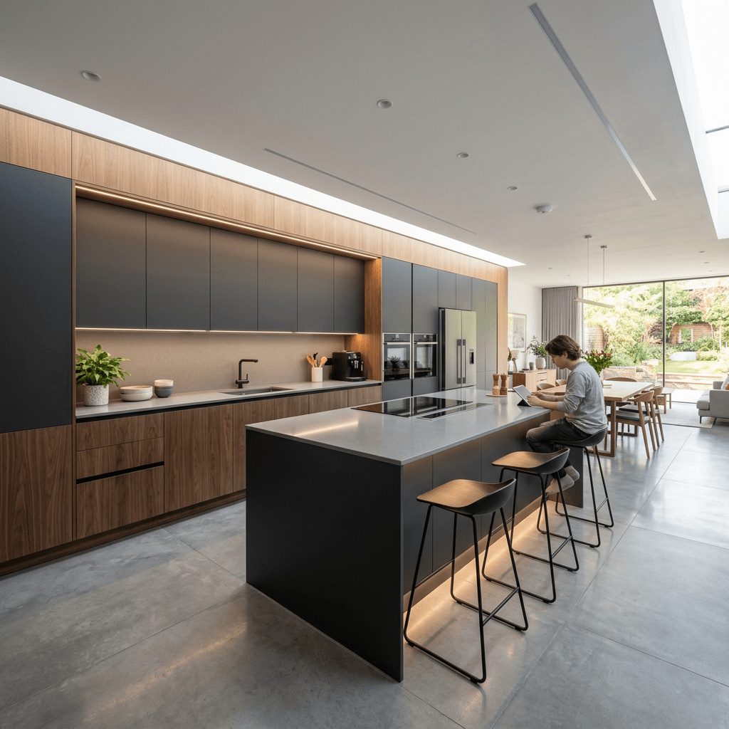 Bright modern kitchen with wooden and dark cabinets, an island with stools, and a person using a tablet