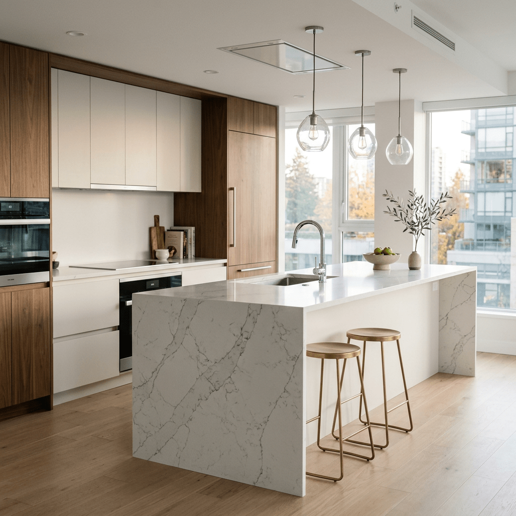 Modern kitchen with marble island, two stools, and wood cabinets