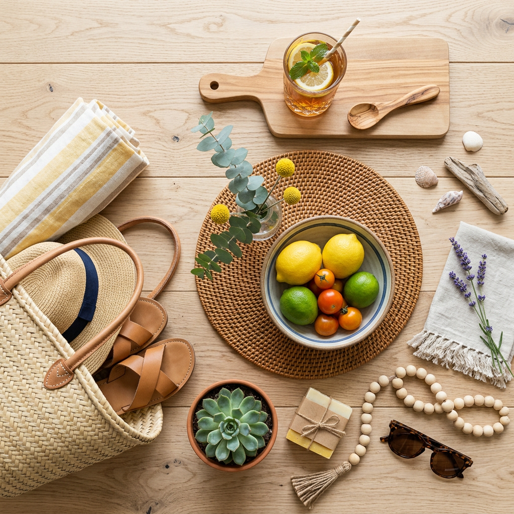 Flat lay of a straw bag with sandals and hat, bowl of lemons, limes, tomatoes, succulent, drink with lemon and mint, soap, beads, sunglasses, and lavender sprigs.