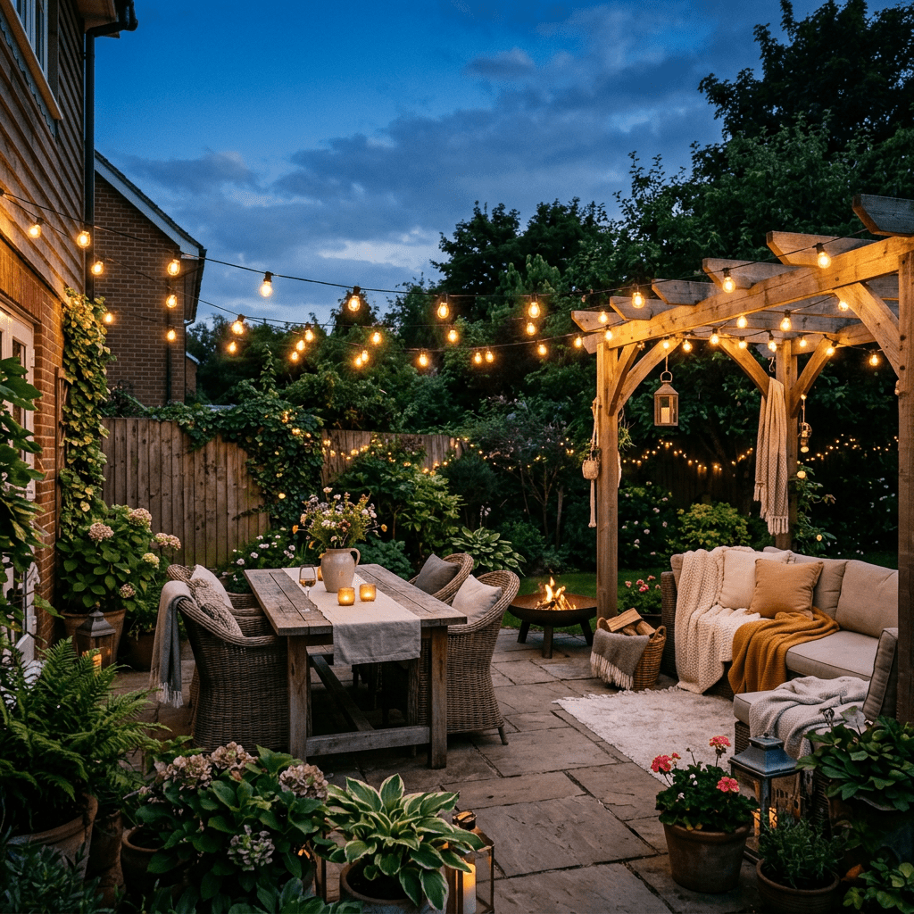Backyard patio with wooden dining table, cushioned seating area under pergola, string lights, and plants at dusk